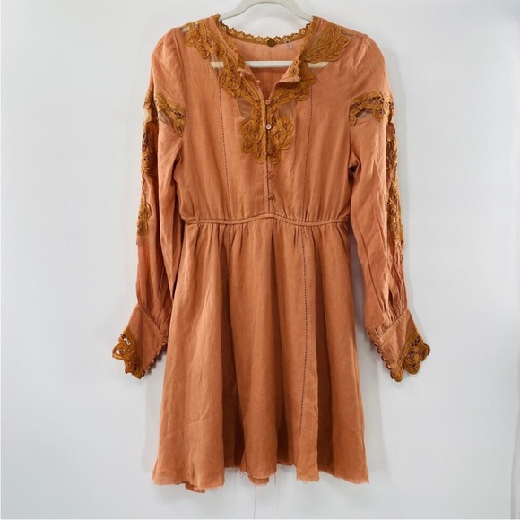 NEW Free People FP One Paige raw frayed hem mini dress Sable Sand Peach lace S - Picture 9 of 16